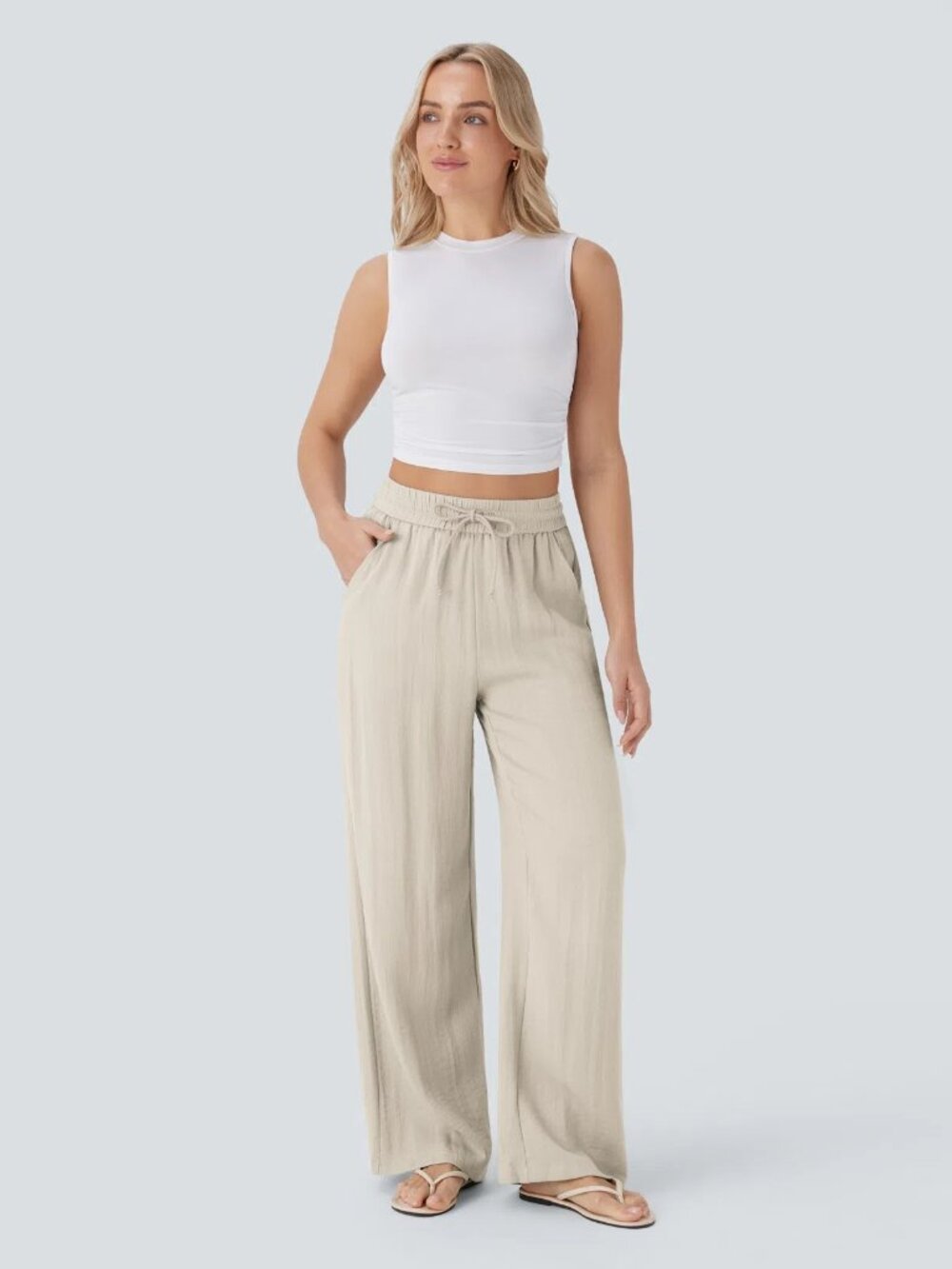 Halara NWOT High Waisted Wide Leg Baggy Linen-Feel Pants Whisper White XL Petite